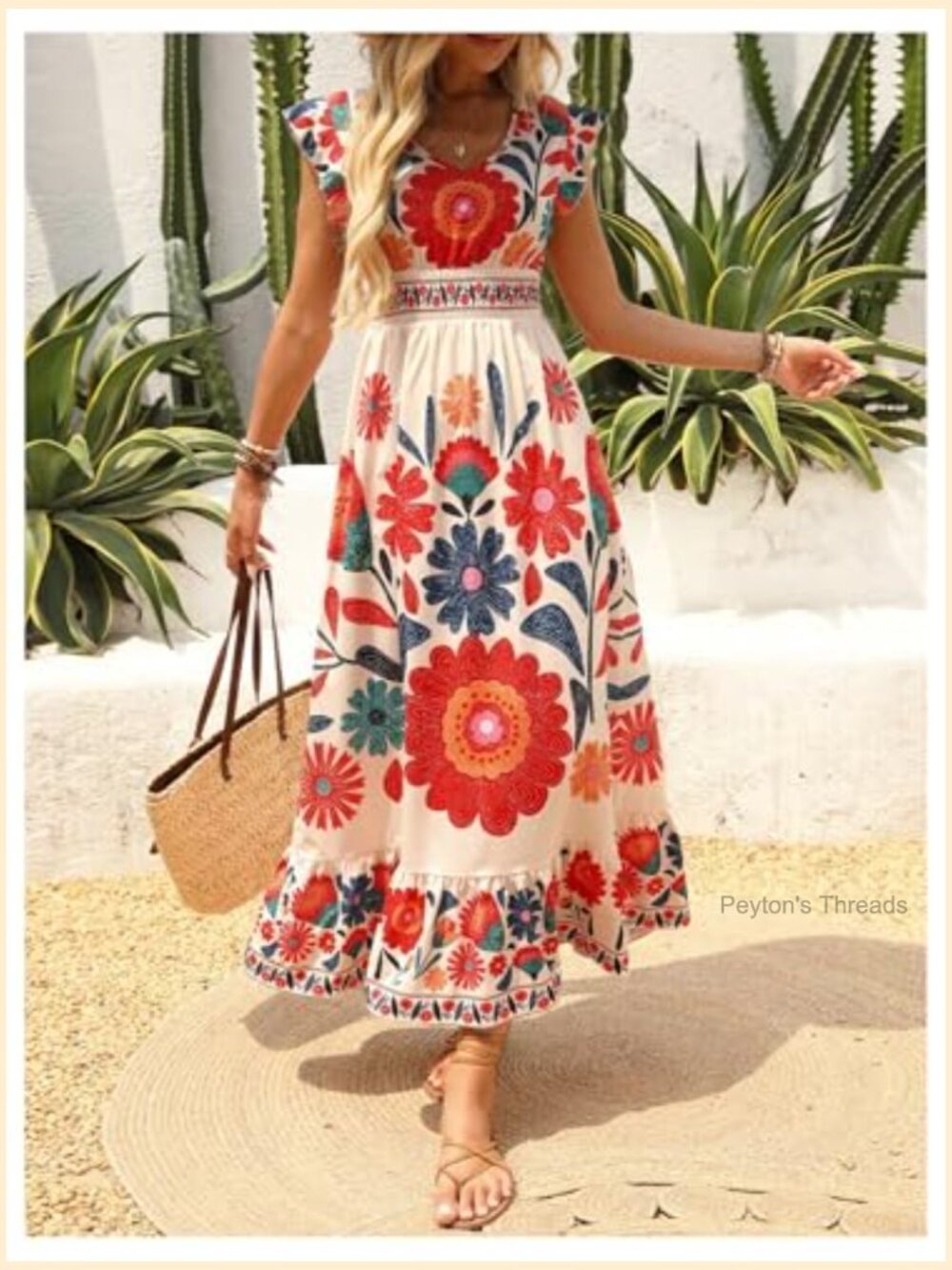 Boho Floral Maxi Dress V Neck Ruffle Cap Sleeve Flowy Sundress Summer - Picture 5 of 5